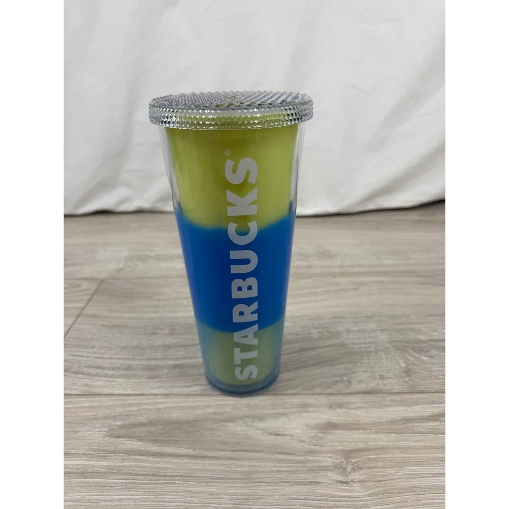 Starbucks 24oz Cold Cup Tumbler Neon Lime Green Blue Color Block 2020